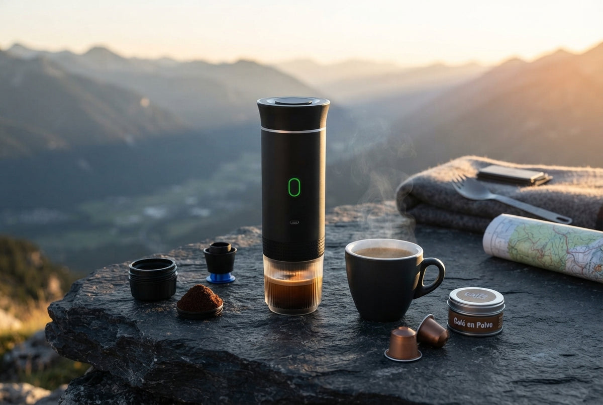 A portable espresso maker sits on a dark stone surface outdoors during sunrise with a cup of freshly brewed coffee beside it.