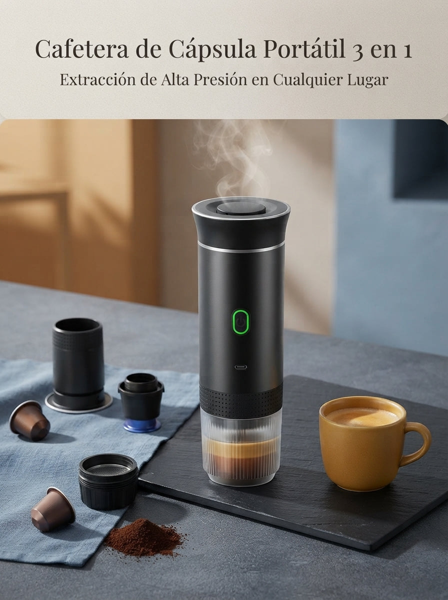 A portable 3-in-1 espresso maker sits on a charcoal surface with a ceramic cup, featuring a sleek design and rising steam.